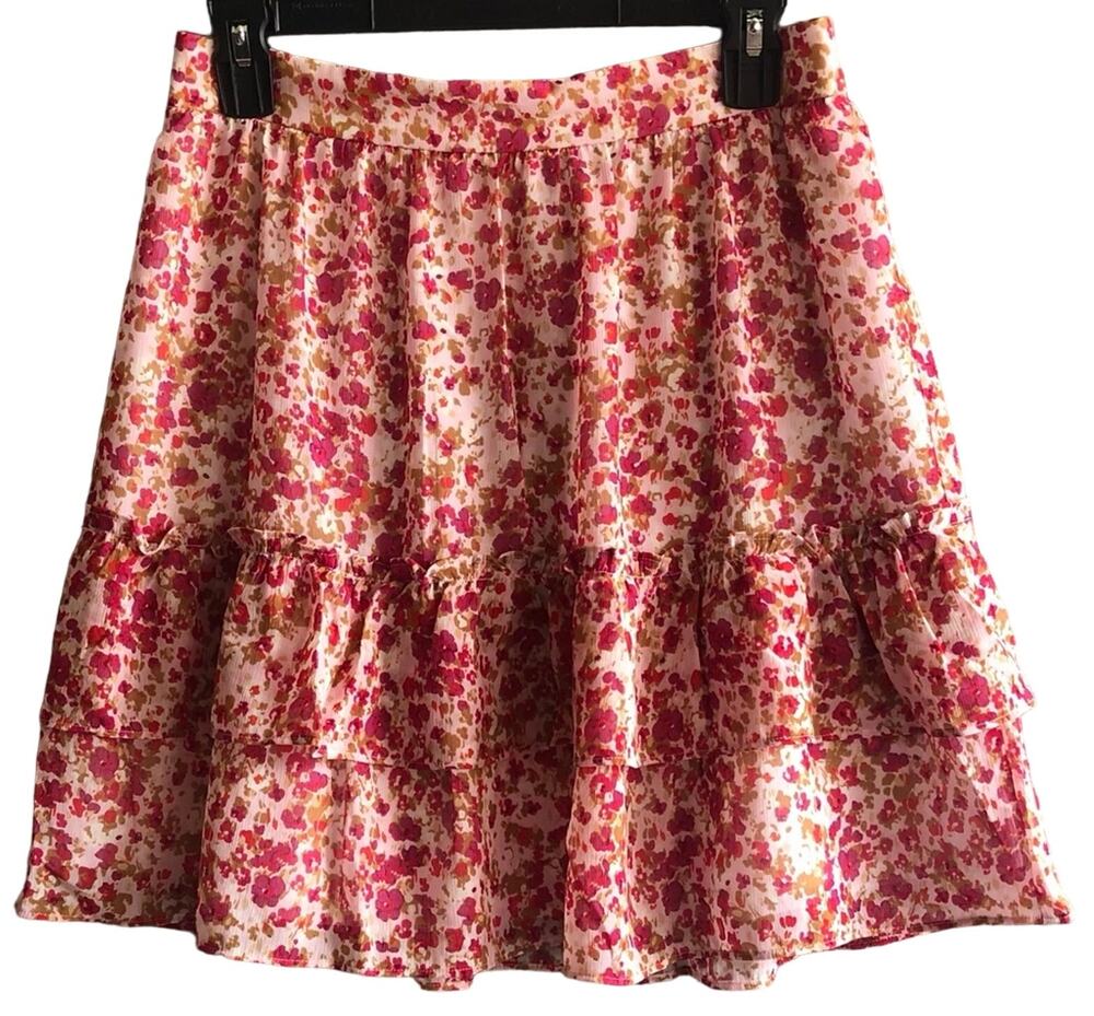 J.Crew Pink Red Floral Chiffon Lined Elastic Waist Zip Swing Skirt XS